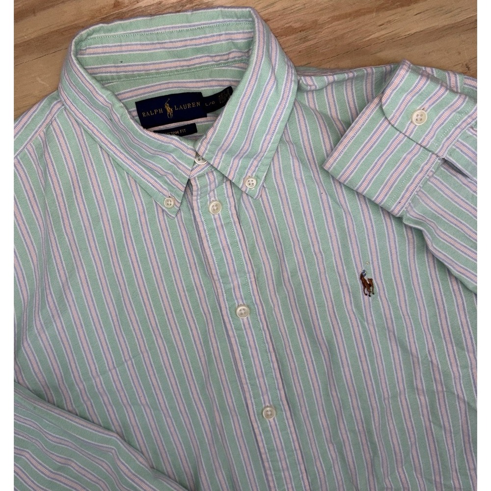 Polo Ralph Lauren Large Long Sleeve Green Striped Button Down Oxford Custom Fit